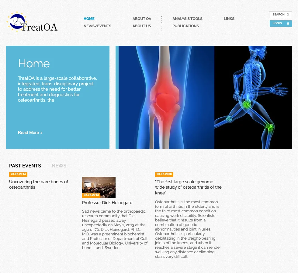 The TreatOA home page: the logo, a menu grouped into About, Analysis tools, Publications and News and events, a search box and a login button, an introduction beside an image of a knee joint, and past events below.