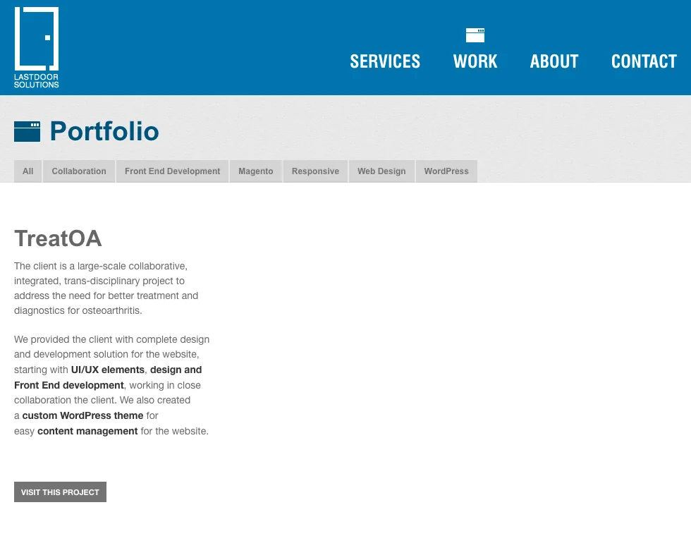 Our own portfolio page for TreatOA in 2016, describing the design, front end and custom WordPress theme.