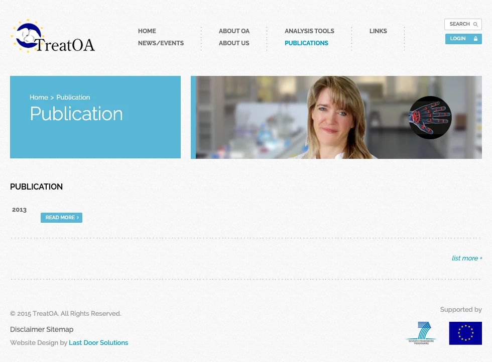 The Publications page, with publications by year, the login button at the top right, and the footer crediting the website design to us, beside the EU funding marks.