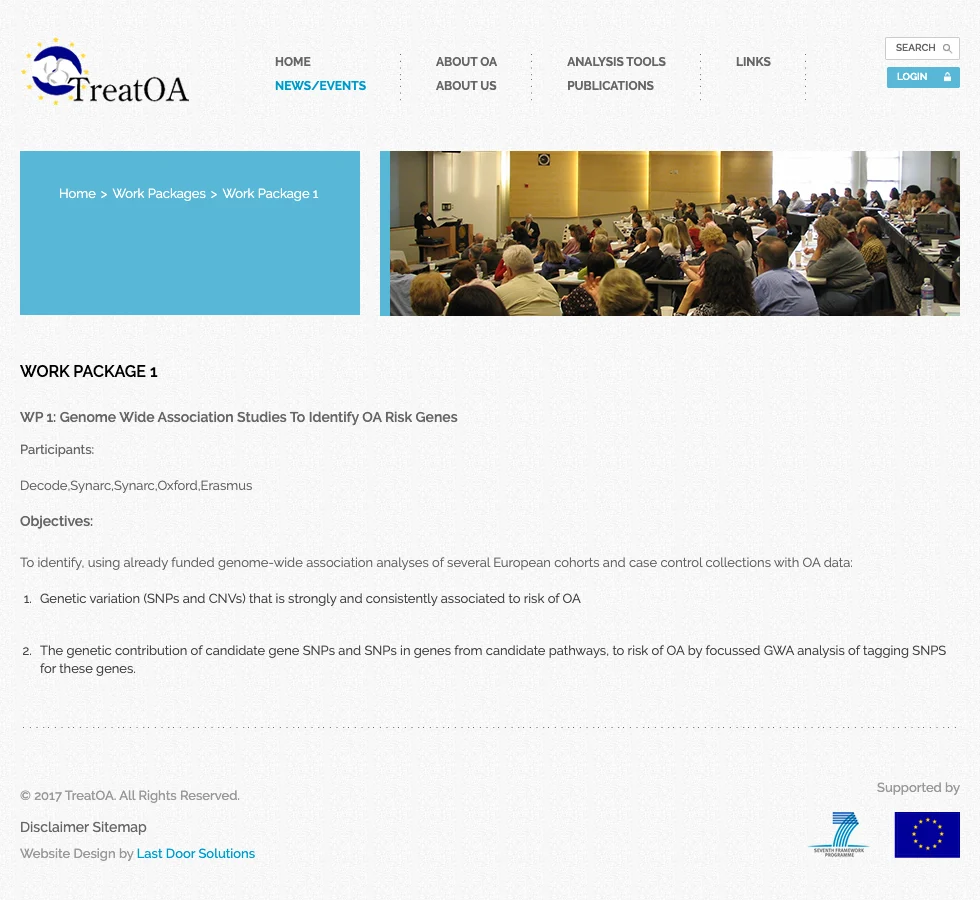 The page for Work Package 1, genome-wide association studies to identify osteoarthritis risk genes, with its participants and objectives.