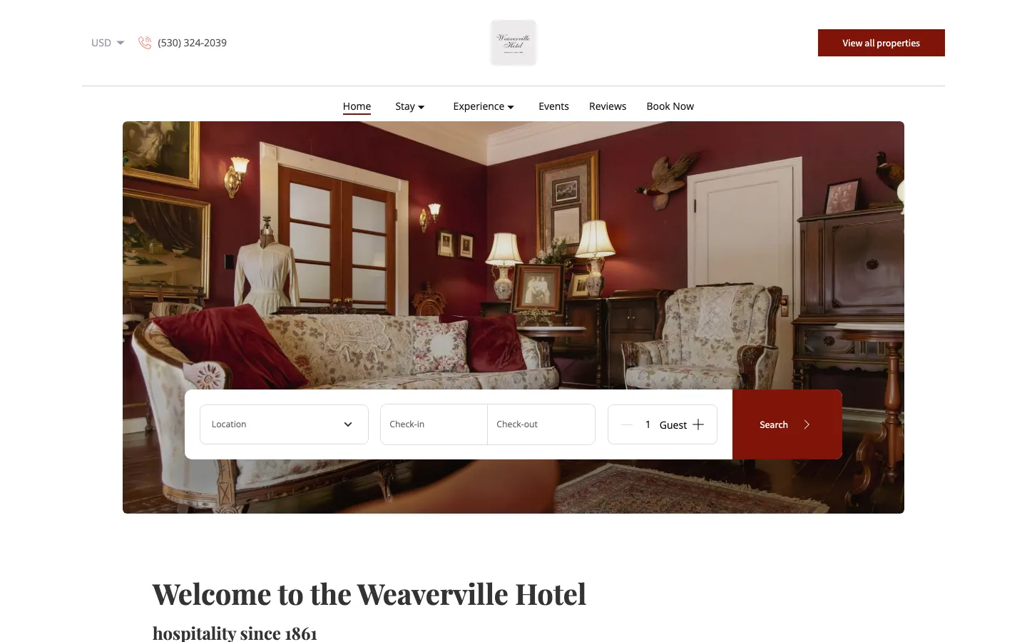 The old site in October 2025: a small logo, a menu and a photograph of the parlour with a Lodgify search bar for location, dates and guests.