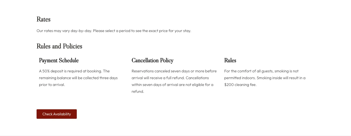A room page's rates and policies: a 50% deposit at booking, a seven-day cancellation policy, the house rules, and a Check Availability button.