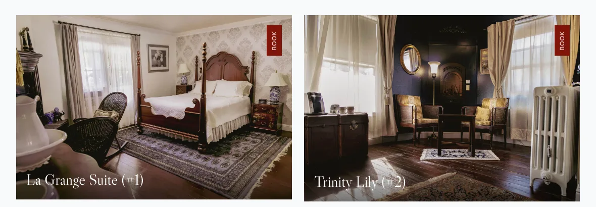 Two room cards on the rooms page: La Grange Suite and Trinity Lily, each a photograph with the room's name and a Book tab.