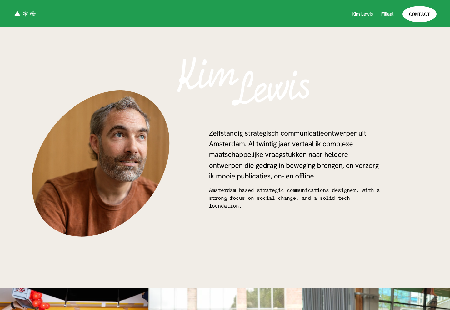 Kim Lewis's homepage, with green navigation, his portrait, white script name and introduction.