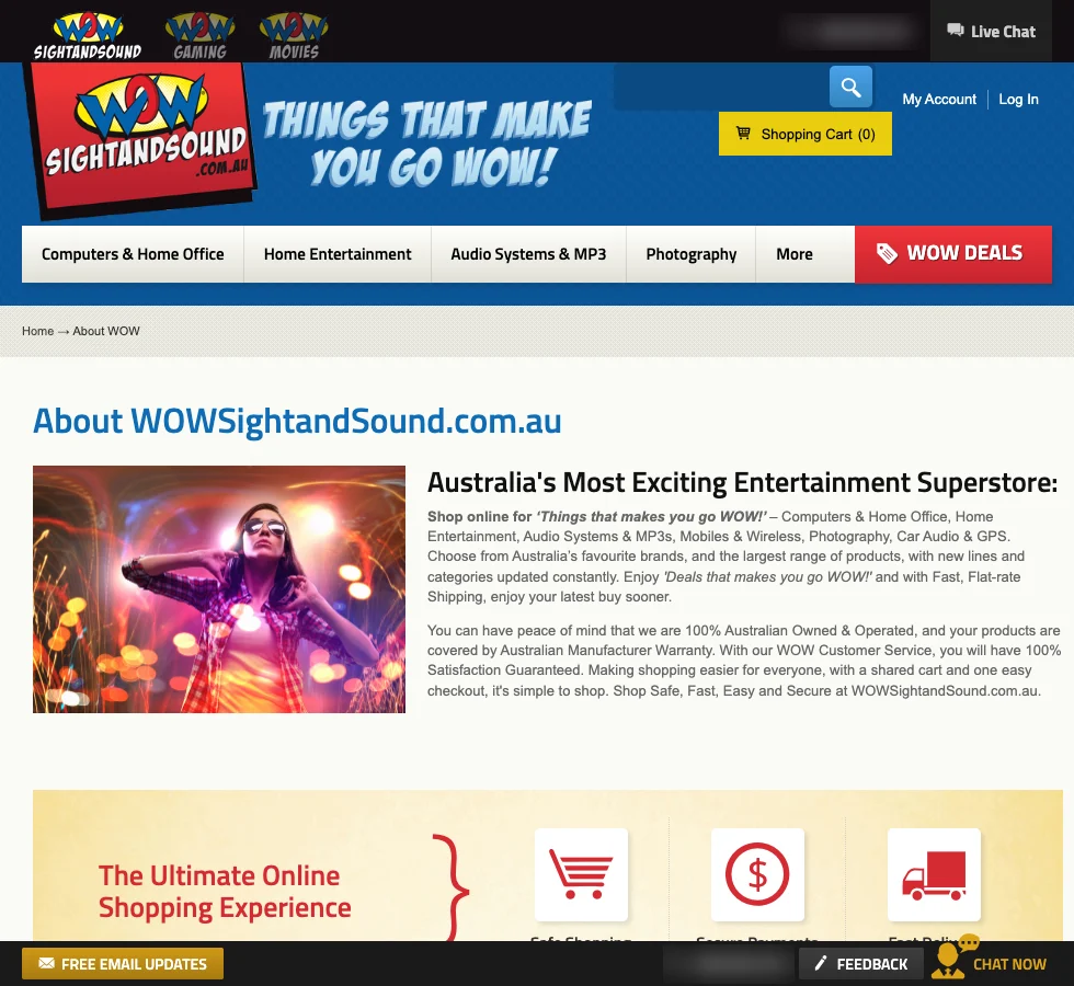The About page: Australia's Most Exciting Entertainment Superstore, ending on the promise of a shared cart and one easy checkout.