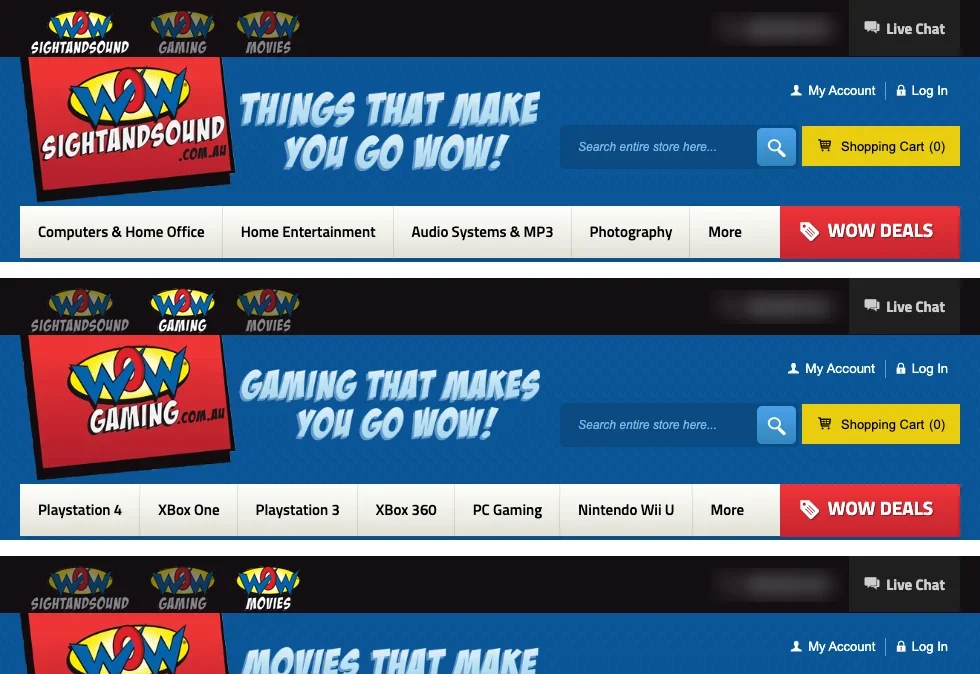 The tops of the three WOW shops, Sight and Sound, Gaming and Movies, one above another, each with its own logo, line and departments.