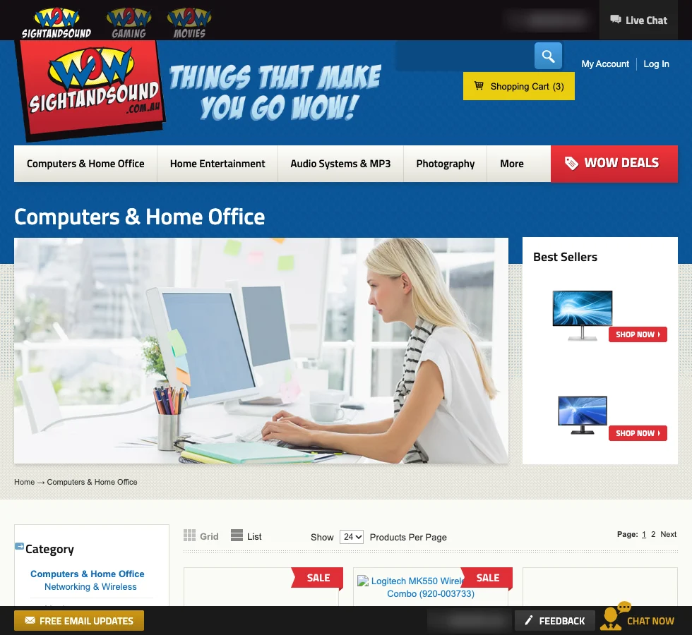 The Computers and Home Office category page, with a large photo, best sellers beside it, the category list on the left, and grid, list and products-per-page controls above sale items.