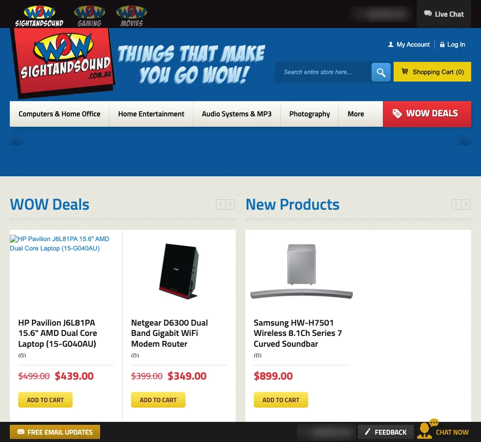 The WOW Sight and Sound home page: the logo and the line Things that make you go WOW, departments from Computers and Home Office to Photography, a WOW Deals button, and the bar at the top switching between the Sight and Sound, Gaming and Movies shops.