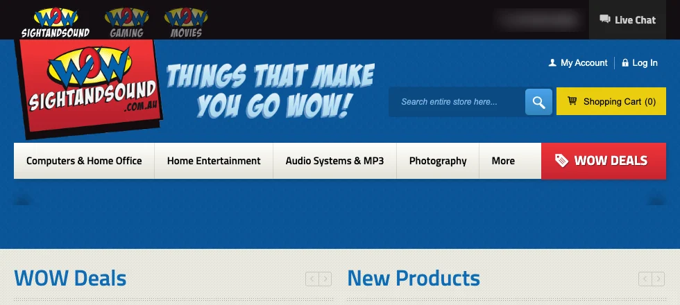 The top of the Sight and Sound home page in November 2016, the same design as at launch, with WOW Deals and New Products below.