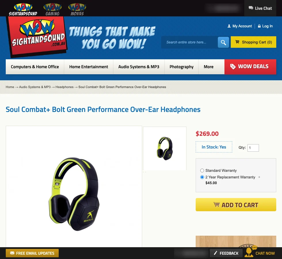A product page for over-ear headphones, with the breadcrumb, two photos, the price, In Stock: Yes, the quantity, a choice between the standard warranty and a two-year replacement warranty, and Add to Cart.