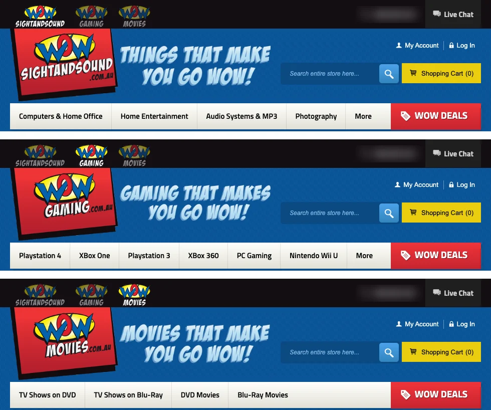 The tops of the three shops, one above another: Sight and Sound with electronics departments, Gaming with consoles from PlayStation 4 to Nintendo Wii U, and Movies with DVDs and Blu-ray. Each has its own logo and line, and the same search, account and cart.